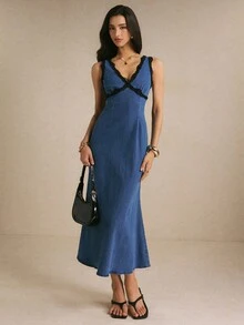 Poéselle Women's Summer Elegant Lace Trim Sleeveless Denim Dress - Dark Wash - View 4
