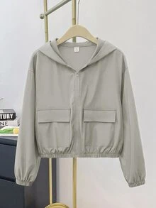 SHEIN 青少年女孩編織純色貼袋短版寬鬆休閒連帽外套 - 橄欖綠 - 查看 10