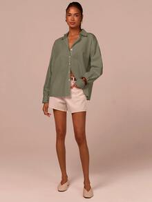 COSMINA Women's Casual Solid Color Front Button-Down Drop Shoulder Shirt, Autumn Style, Long Sleeve Shirt, Elegant Women's Shirt, Basic Versatile Shirt, Pink Shirt, Suitable For Office Wear, Daily Outfit, Loose Fit Shirt, Valentine's Day Shirt, Casual Shirt - Khaki - View 3