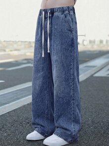 SHEIN 青少年男孩時尚簡約抽繩腰口袋牛仔褲休閒款 - 中等水洗藍 - 查看 3