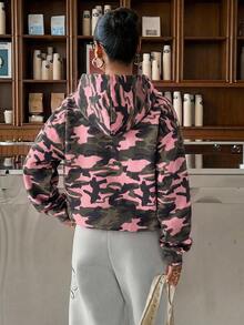 Muchica Sweatshirt berkerudung tipis motif kamuflase pink & hijau bergaya minimalis kasual, cocok untuk awal musim gugur, gaya serbaguna. - MultiWarna - View 2