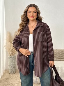 SHEIN CURVE+ Plus Size Women's Striped Casual Versatile Everyday Shirt Fall - Brown - View 8