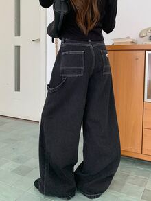 DAZY 女款寬腿鬆身長褲休閒百搭牛仔褲，附口袋，秋季款 - 灰色 - 查看 5