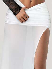 SHEIN ICON Women's High Slit Black Mesh Ruched Waist Sexy Vacation Metallic Decor Long Skirt - White - View 7