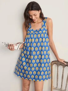 Doze Lane Blue Floral Floral Print Square Neck Cami Slip Dress, Comfortable Loose Sleeveless Loungewear Sleep Home Nightgown Summer Cute Casual - Navy Blue - View 6