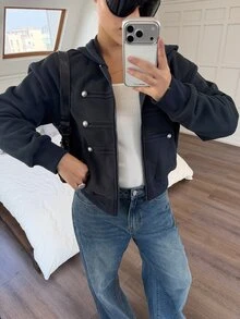 DAZY 女款保暖內裡雙排扣長袖連帽運動衫 - 藏蓝色 - 查看 8