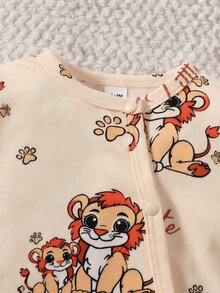 SHEIN 2件組新生兒中性長袖卡通獅子印花連身衣，適合春夏秋冬日常穿著 - 杏色 - 查看 7