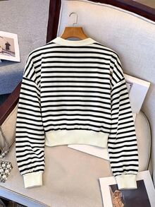 INAWLY Jaket Wanita Minimalis Gaya Prancis Kasual Garis-garis Hitam Putih Blok Warna Lengan Panjang Kancing Cocok untuk Sarapan, Sehari-hari, dan Musim Gugur - Aprikot - View 2
