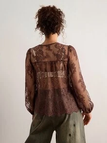 Freevana 女款蕾絲貝殼鈕扣透視襯衫 大尺碼寬鬆優雅休閒日常街頭出遊通勤度假 春夏女裝大尺碼襯衫 - 咖啡棕 - 查看 11