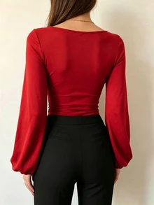 INAWLY Women's Plus Size Square Neck Lantern Sleeve Long Sleeve Sexy Fitted Top T-Shirt - Red - View 2