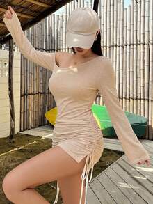 DAZY 女款韓式不對稱肩長袖度假休閒T恤 秋季 - 杏色 - 查看 3