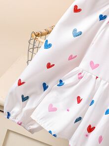 SHEIN 女童小女孩休閒梭織彩色愛心圖案圓領上衣 - 白色 - 查看 3