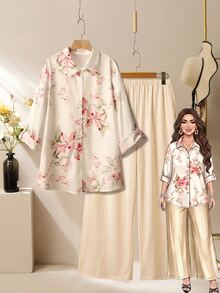 Lacomfia Women's Printed Shirt & Wide Leg Pants 2-Piece Set, Casual Comfortable Minimalist Daily Wear, Plus Size - Apricot - View 6