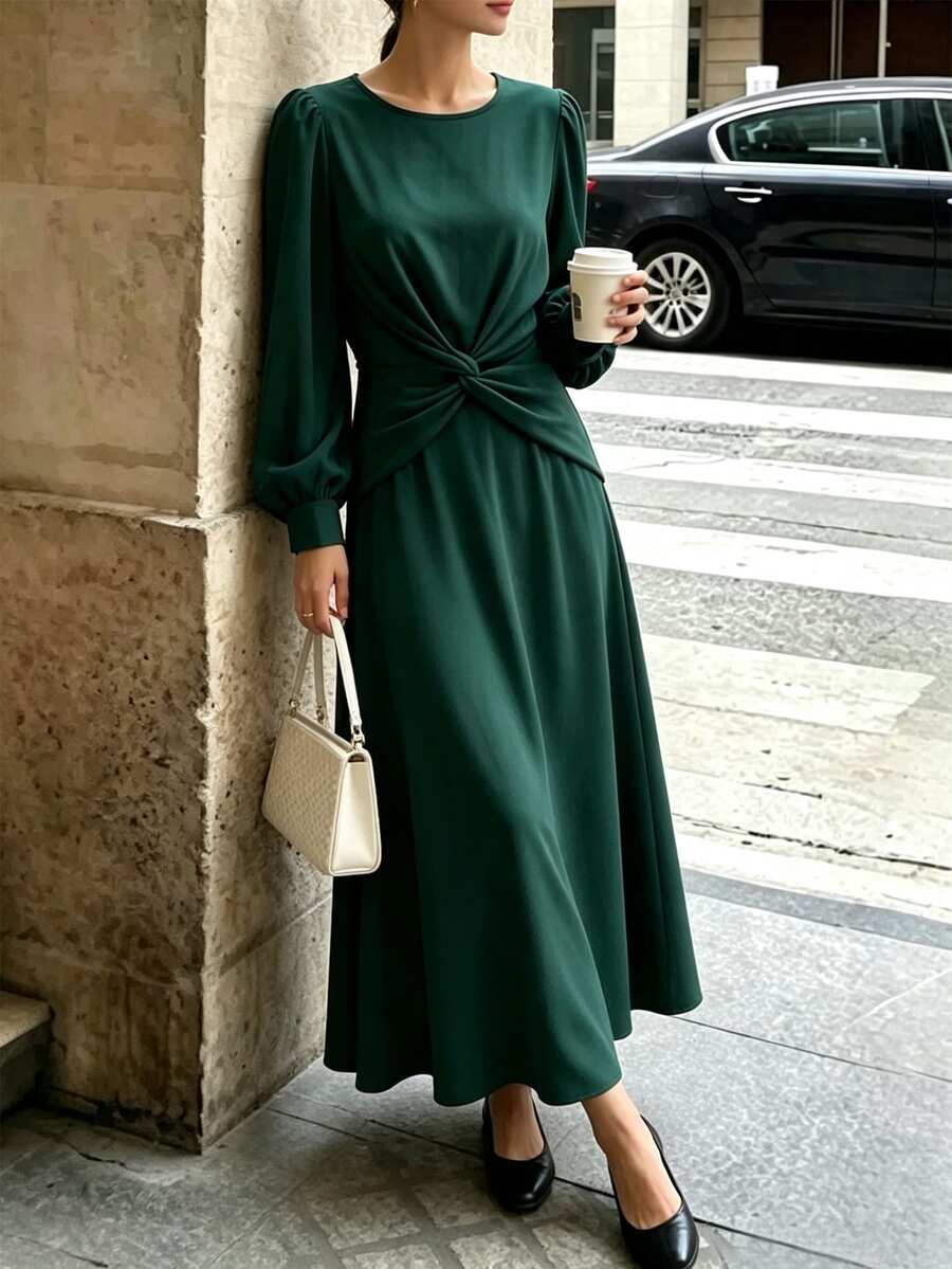 SHEIN Fall New Year Vintage Mature French Elegant-Style Ethereal Fairy-Style Dark Green Birthday Cocktail Office Tea Party Dresses