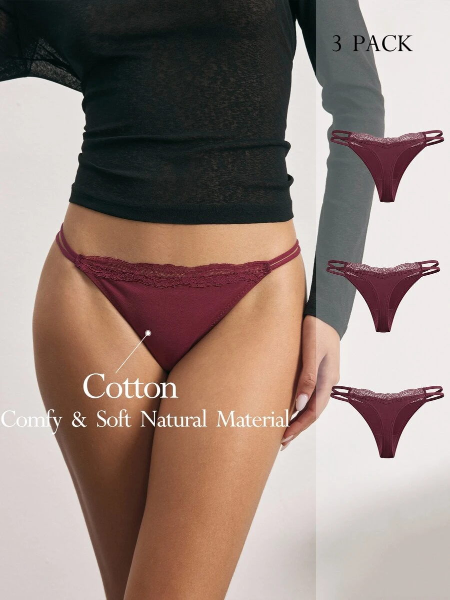Ocili 3pcs/Pack Multi-Color 100% Pure Cotton Comfortable Minimalist Double-Sided Lace Thin Strap Elastic Women's Triangle Panties ChicAutumn - Red - View 1