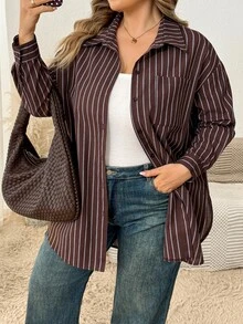 SHEIN CURVE+ Plus Size Women's Striped Casual Versatile Everyday Shirt Fall - Brown - View 4