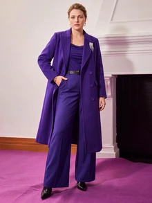 MOTF PREMIUM PLUS ELEGANT BROOCH DECORATED PURPLE MID-LENGTH WOOL BLEND OVERCOAT - Purple - View 4