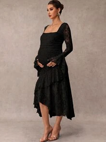 MaterniChic Elegant Solid Color Lace Ruffle Maternity Party Dress Fall - Black - View 3