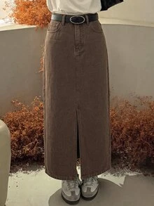 Comfortcana Women's Long Casual Denim Skirt With Pockets And Split Hem - Mocha Brown - View 5