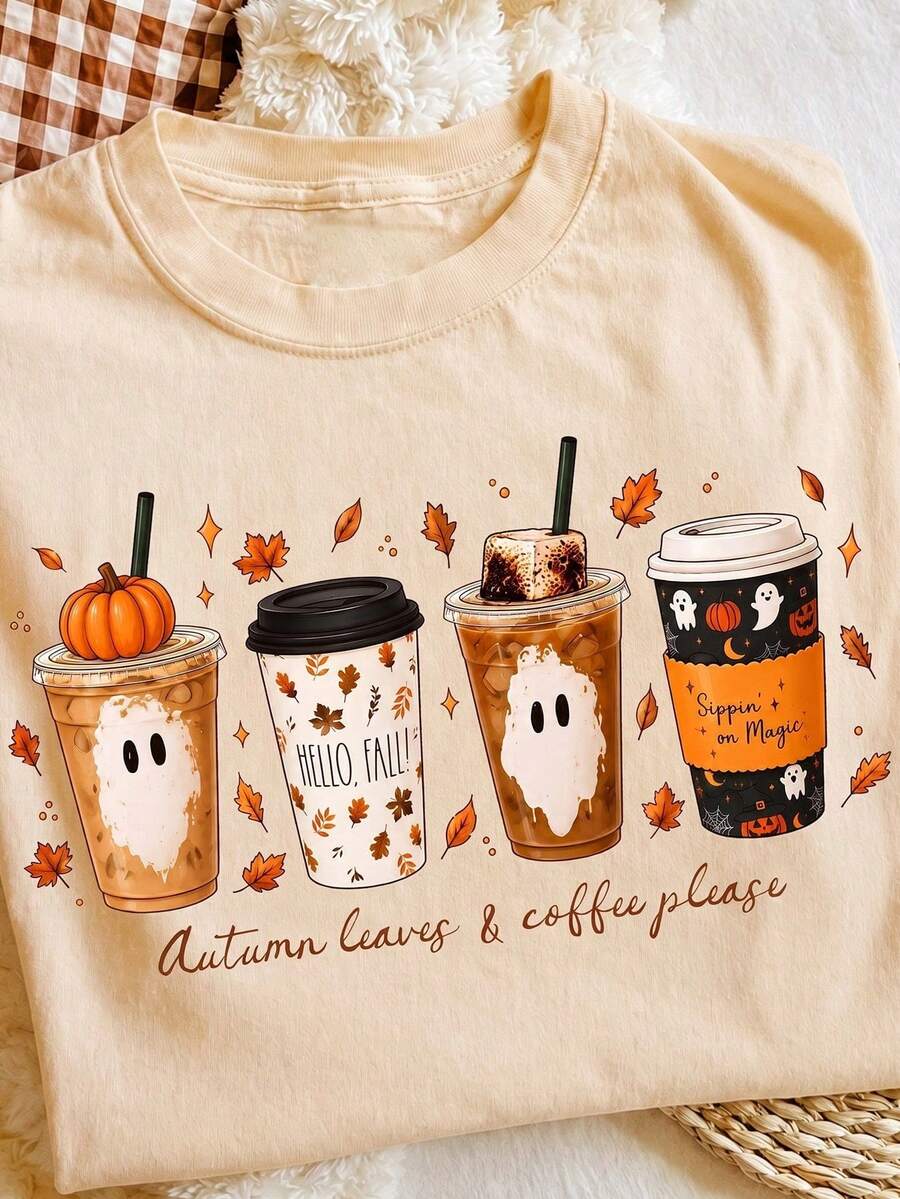 Manfinity Dauomo Men Plus Size Autumn Coffee Pumpkin Ghost Print Short Sleeve T-Shirt, Sweet Light Halloween Style, Suitable For Daily Commute, Autumn Outings And Halloween, Creating A Gentle And Healing Autumn Look, Suitable For Wearing Alone Or As An Inner Layer, Wearable In Spring, Summer And Autumn - Khaki - View 1