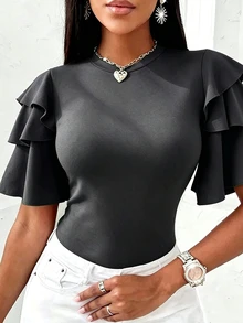 EMERY ROSE Camiseta de Talla Grande Versátil Estilo Francés con Puño de Volantes y Cuello Redondo - Gris Oscuro - Ver 3