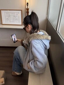 DAZY Women's Korean Style Hooded Sweatshirt With Large Fur Collar, Long Sleeve Fall - Grey - View 2