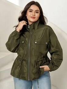 Comfylo Plus Size Women's Solid Color Zipper Casual Versatile Daily Travel Long Sleeve Jacket Fall - Green - View 1