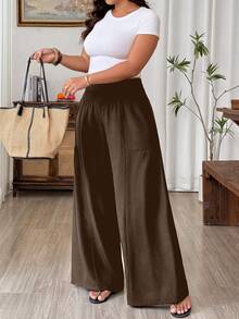 Weeklong Summer New Pleated Design Faux Linen Bamboo Knot Waistband Fashion Casual Vacation Loose Wide Leg Long Pants For Women - Khaki - View 4