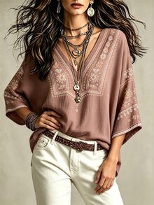 Glimmora 波希米亞風仿刺繡花卉印花女款上衣，寬鬆V領蝙蝠袖七分袖襯衫，休閒度假旅行鄉村與海灘穿搭衫 - 彩色 - 查看 3