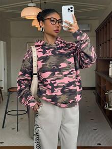 Muchica Sweatshirt berkerudung tipis motif kamuflase pink & hijau bergaya minimalis kasual, cocok untuk awal musim gugur, gaya serbaguna. - MultiWarna - View 5