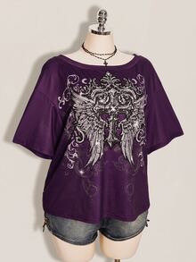 SHEIN ICON 女款大尺碼十字架與翅膀哥德風圖案T恤 - 紫色 - 查看 5