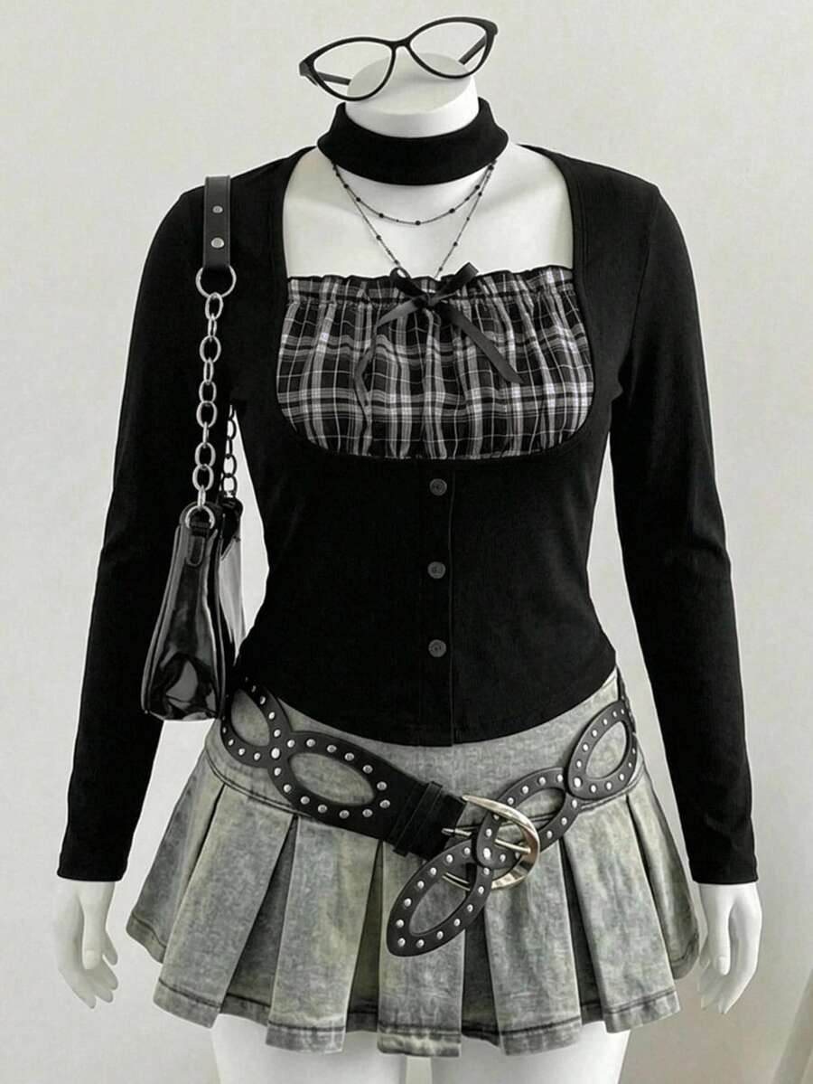 Dazy Plus Contrast Color Patchwork Plaid Fitted Pure Desire Halter Neck Hollow Out Sexy Top Spring Autumn New Black T-Shirt - Black - View 1