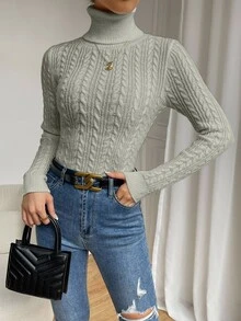 SHEIN 女款素色高領休閒百搭日常長袖針織衫 - 灰色 - 查看 3