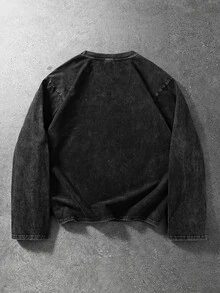 ROMWE MEN Men's Dark Portrait Screen Print Streetwear Loose Fit Long Sleeve T-Shirt - Black - View 3