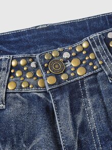 ROMWE Grunge Punk Y2K Street Punk Retro Metal Rivet Design Ultra Low Waist Flared Jeans - Blue - View 3