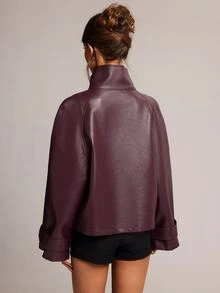 SHEIN BAE 女款時尚街頭風高領鈕扣長袖夾克外套 - 酒紅色 - 查看 2
