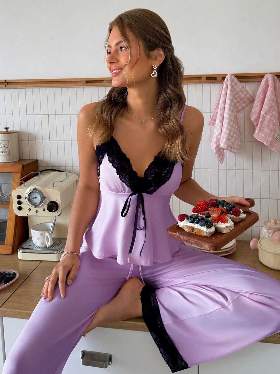 SweetSlumber Women's Sweet INS Colorblock Lace Patchwork Comfortable Slimming Knit Pink Pajama Set - Lilac Purple - View 1
