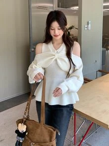 DAZY Sweater Wanita Lengan Panjang Model Korea Kerah V dengan Pita untuk Musim Gugur/Dingin - Putih - View 4