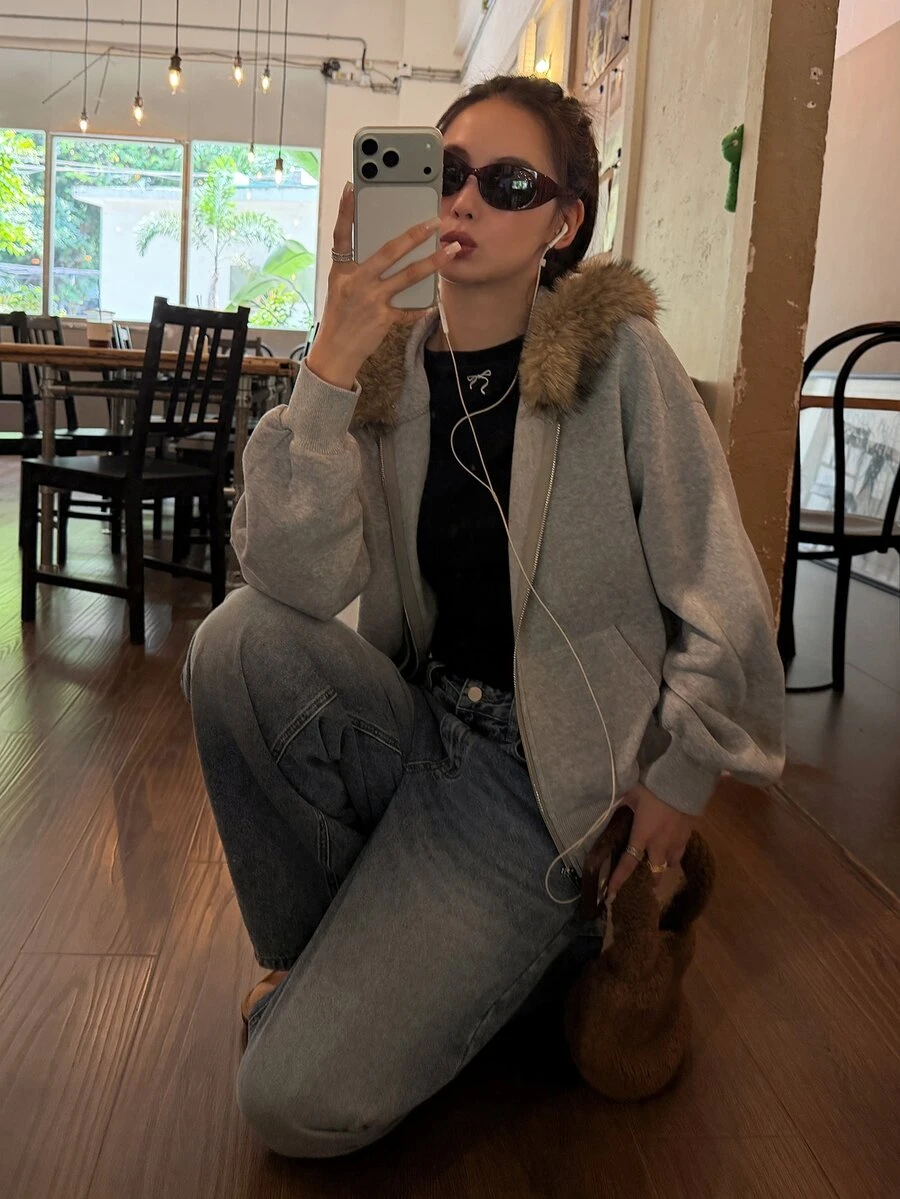 DAZY Women's Korean Style Hooded Sweatshirt With Large Fur Collar, Long Sleeve Fall - Grey - View 1