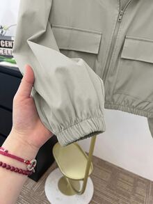 SHEIN 青少年女孩編織純色貼袋短版寬鬆休閒連帽外套 - 橄欖綠 - 查看 5