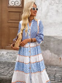 Brillora 女款度假休閒熱帶波希米亞印花拼接長洋裝，適合早午餐野餐，橘色與白色，秋季款 - 藏蓝色 - 查看 3