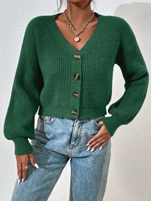 SHEIN LUNE 休閒百搭極簡純色開襟羊毛衫 - 綠色 - 查看 5