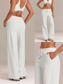 GLOWMODE Everyday Fleece Off-Duty Comfort Tall Sweatpants With Adjustable Drawstring Waist, Side Pockets & Vertical Piping Daily Casual Wear - White - View 8