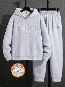 SHEIN 青少年男孩 2件組休閒灰色連帽衛衣與運動長褲，附3D字母印花，適合秋冬返校季節 - 淺灰色 - 查看 4