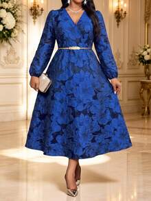 Fleurora Plus Size Elegant Party Jacquard Dress Fall - Blue - View 1