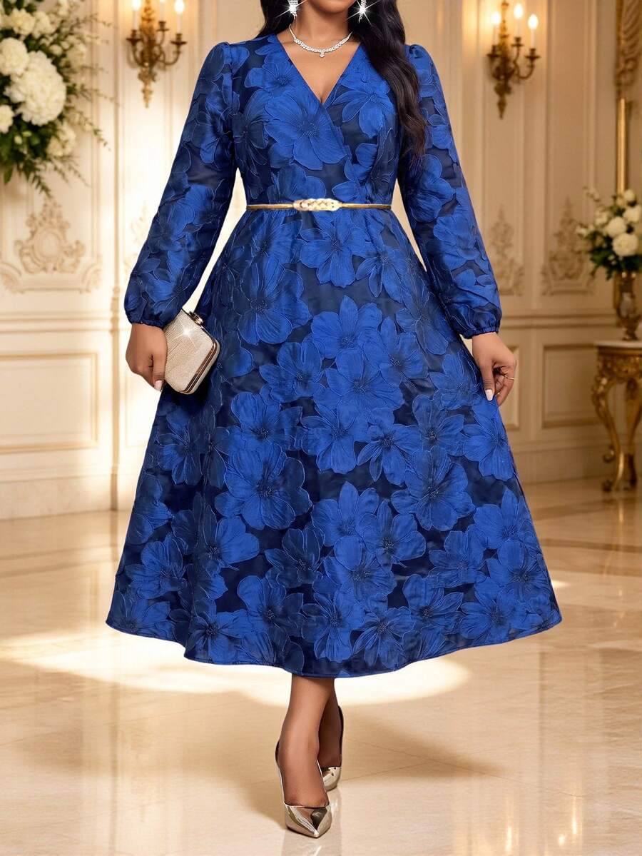 Fleurora Plus Size Elegant Party Jacquard Dress Fall - Blue - View 1