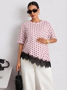 MaterniWear 孕婦波點印花蕾絲拼接T恤 - 粉色 - 查看 2