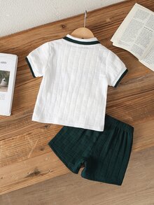 Souflis Souflis 男嬰夏季深綠色學院風提花 Polo 衫與短褲 2 件套，小馬印花翻領短袖套裝，適合日常穿著、聚會與度假 - 墨綠色 - 查看 3