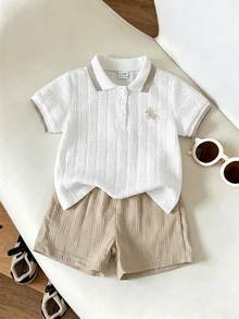 Souflis Souflis 男嬰夏季杏色學院風提花 Polo 衫與短褲 2 件套，小馬印花翻領短袖套裝，適合日常穿著、聚會與度假 - 卡其色 - 查看 7