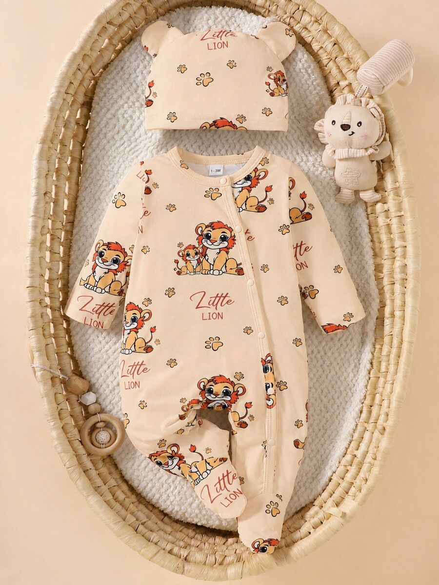 SHEIN 2pcs/Set Newborn Unisex Long Sleeve Cartoon Lion Print Romper, Suitable For Spring, Summer, Autumn, Winter Daily Wear - Apricot - View 1